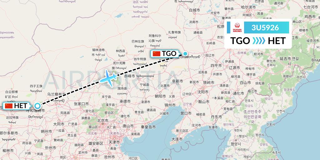 3U5926 Sichuan Airlines Flight Map: Tongliao to Hohhot