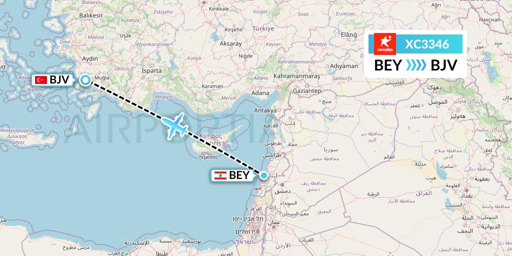 XC3346 Corendon Airlines Flight Map: Beirut to Bodrum