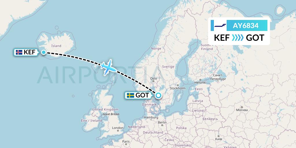AY6834 Finnair Flight Map: Reykjavik to Gothenburg