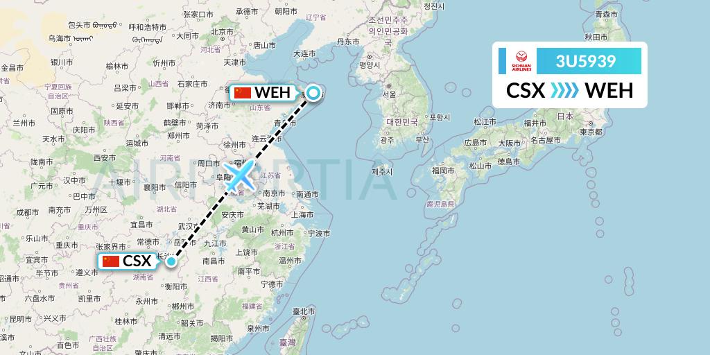 3U5939 Sichuan Airlines Flight Map: Changsha to Weihai