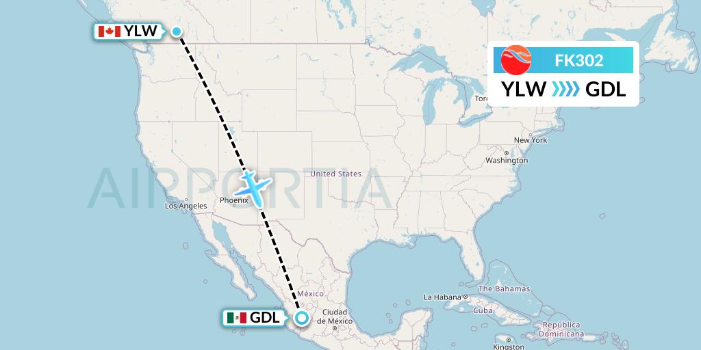 FK302 Kelowna Flightcraft Air Flight Map: Kelowna to Guadalajara