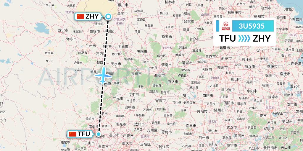 3U5935 Sichuan Airlines Flight Map: Chengdu to Zhongwei