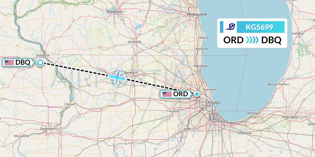 KG5699 Key Lime Air Flight Map: Chicago to Dubuque
