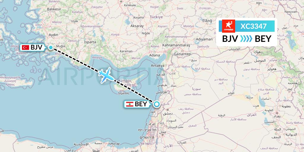 XC3347 Corendon Airlines Flight Map: Bodrum to Beirut
