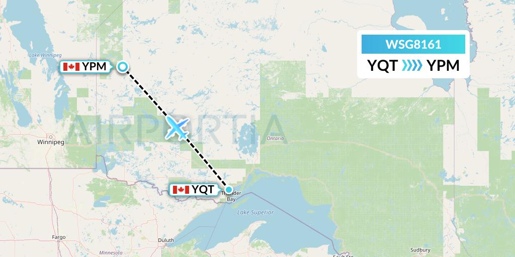 WSG8161 Wasaya Airways Flight Map: Thunder Bay to Pikangikum