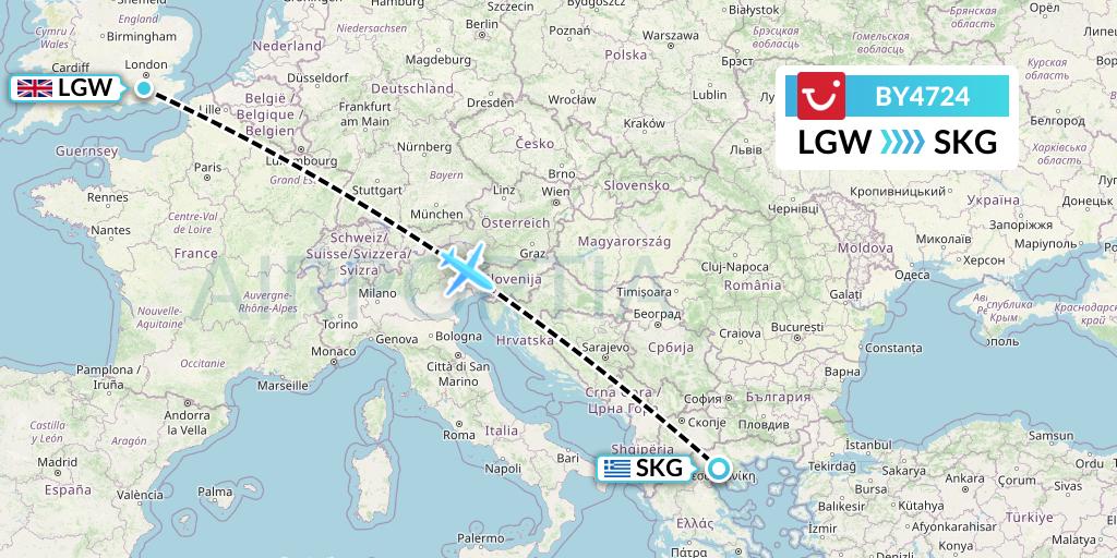 BY4724 TUI Airways Flight Map: London to Thessaloniki