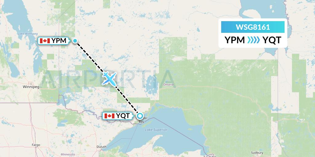 WSG8161 Wasaya Airways Flight Map: Pikangikum to Thunder Bay