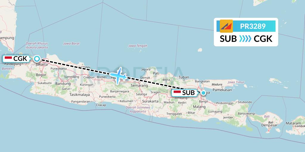 PR3289 Philippine Airlines Flight Map: Surabaya to Jakarta