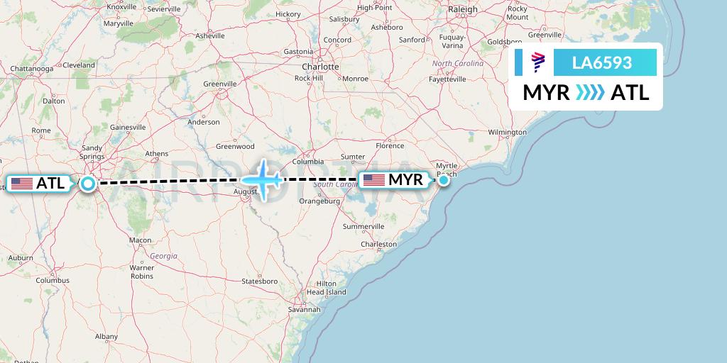 LA6593 LAN Airlines Flight Map: Myrtle Beach to Atlanta