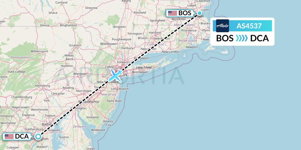 AS4537 Alaska Airlines Flight Map: Boston to Washington