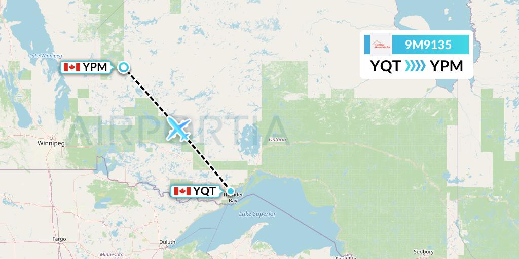 9M9135 Central Mountain Air Flight Map: Thunder Bay to Pikangikum