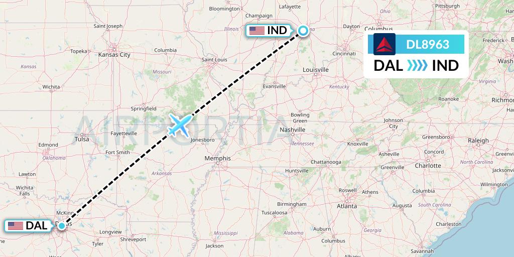 DL8963 Delta Air Lines Flight Map: Dallas to Indianapolis