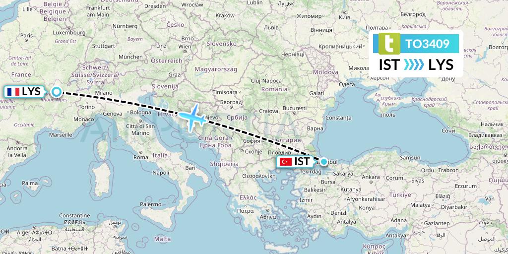 TO3409 Transavia France Flight Map: Istanbul to Lyon