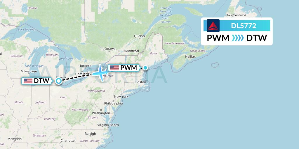 DL5772 Delta Air Lines Flight Map: Portland to Detroit