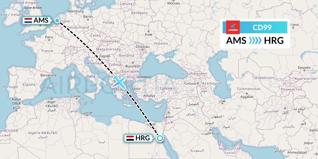 CD99 Dutch Corendon Airlines Flight Map: Amsterdam to Hurghada