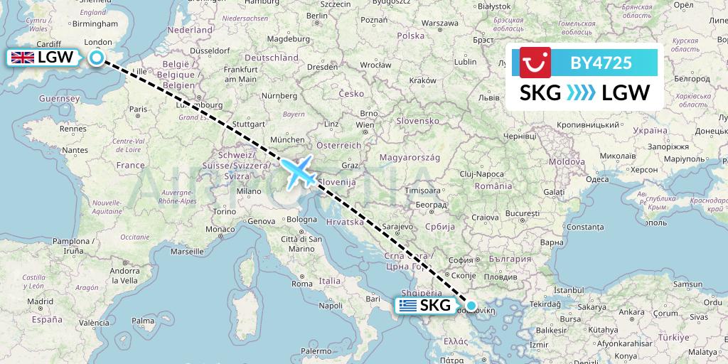 BY4725 TUI Airways Flight Map: Thessaloniki to London