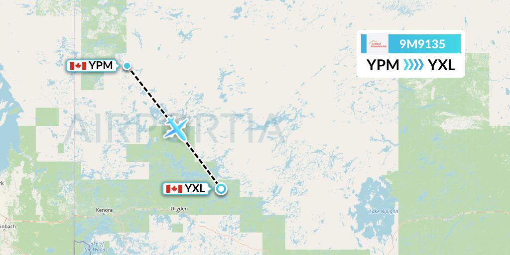 9M9135 Central Mountain Air Flight Map: Pikangikum to Sioux Lookout