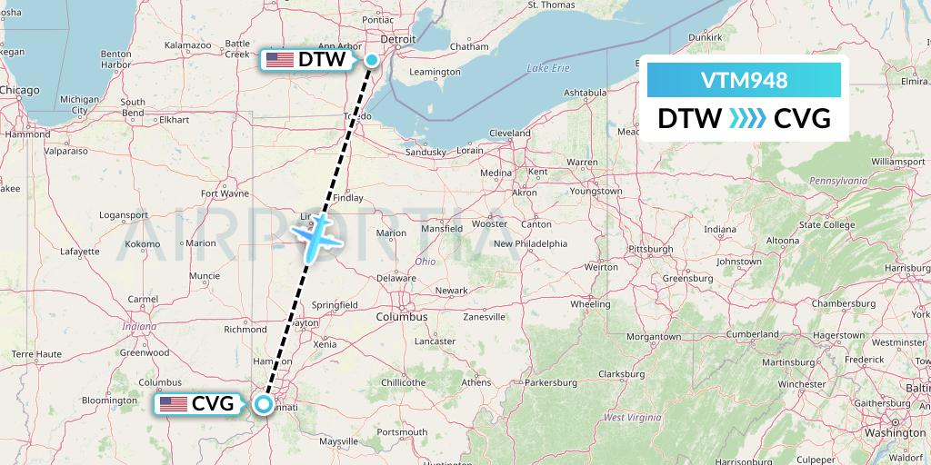 VTM948 Aeronaves TSM Flight Map: Detroit to Cincinnati