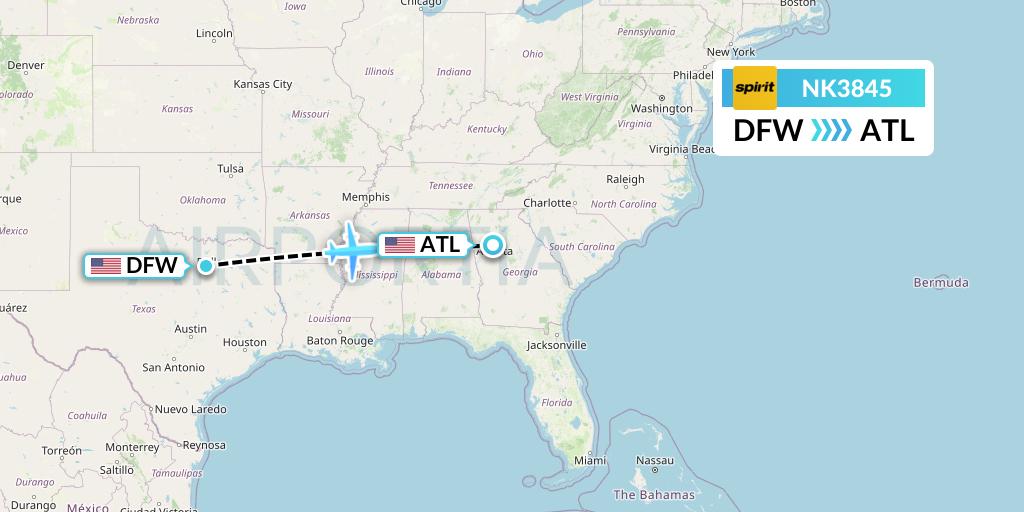 NK3845 Spirit Airlines Flight Map: Dallas to Atlanta