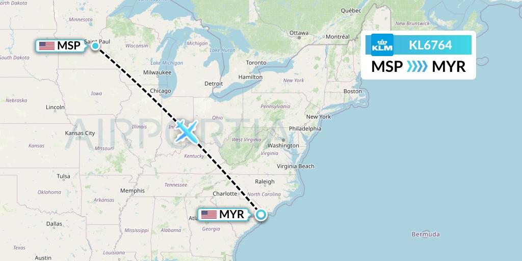 KL6764 KLM Flight Map: Minneapolis to Myrtle Beach