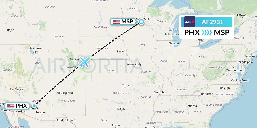AF2931 Air France Flight Map: Phoenix to Minneapolis