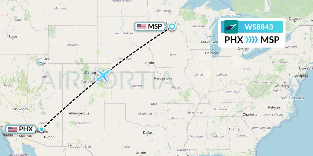 WS8843 WestJet Flight Map: Phoenix to Minneapolis
