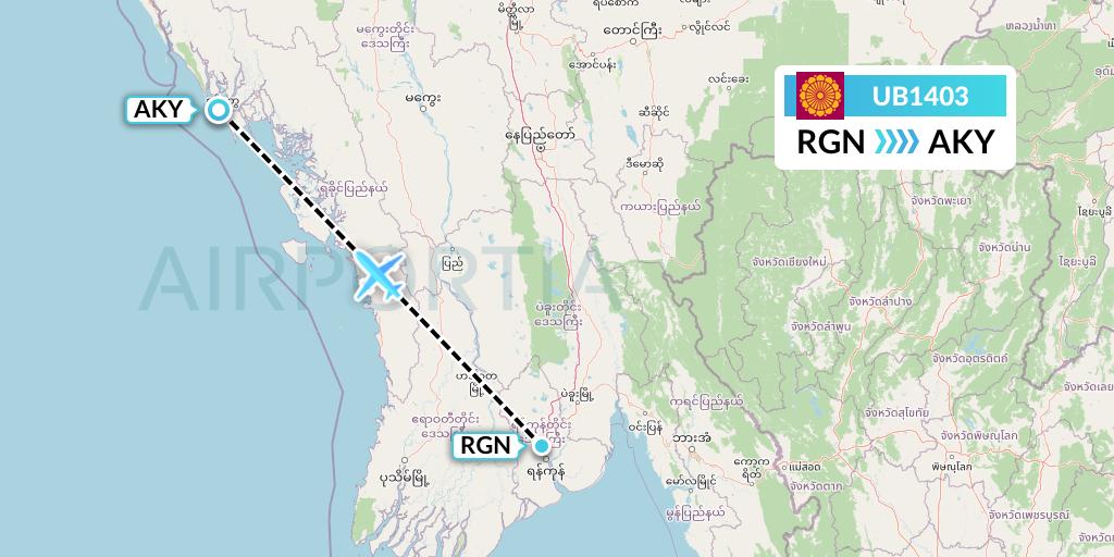 UB1403 Myanmar National Airlines Flight Map: Yangon to Sittwe