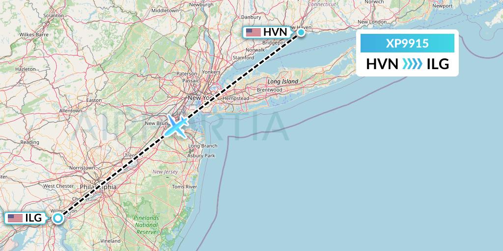 XP9915 Avelo Airlines Flight Map: New Haven to Wilmington