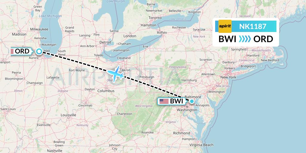 NK1187 Spirit Airlines Flight Map: Baltimore to Chicago
