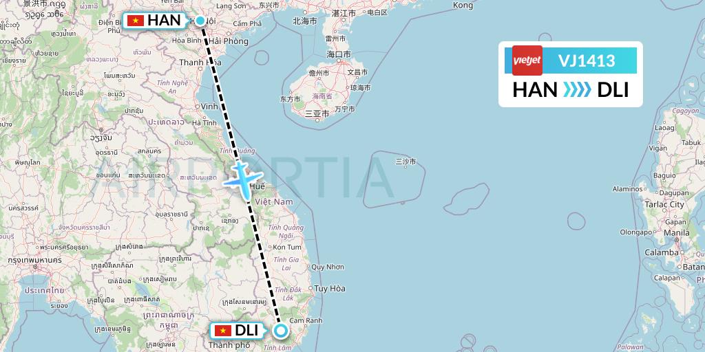 VJ1413 VietJet Air Flight Map: Hanoi to Da Lat