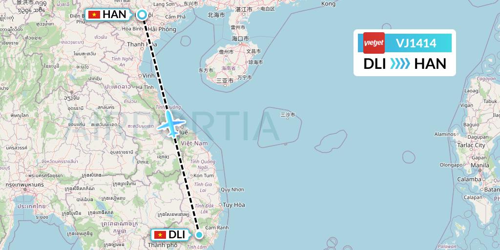 VJ1414 VietJet Air Flight Map: Da Lat to Hanoi