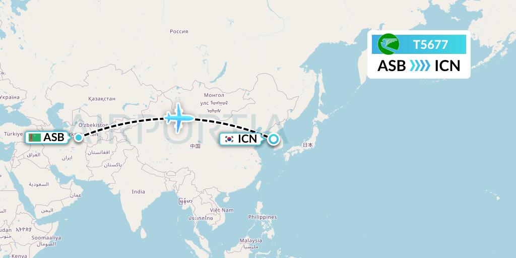 T5677 Turkmenistan Airlines Flight Map: Ashgabat to Seoul