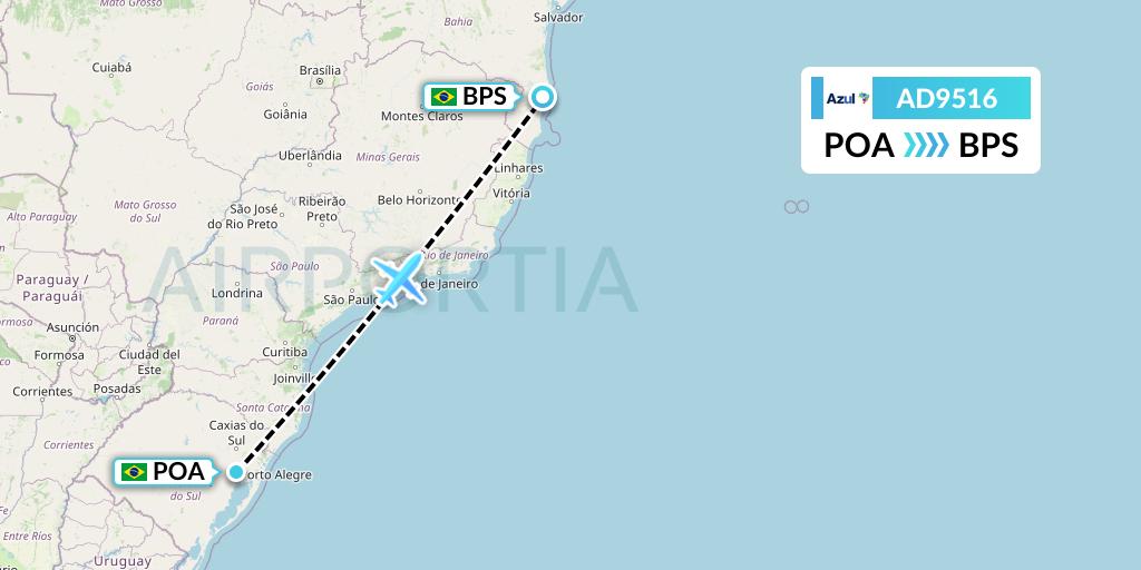 AD9516 Azul Brazilian Airlines Flight Map: Porto Alegre to Porto Seguro