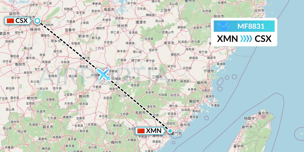 MF8831 Xiamen Airlines Flight Map: Xiamen to Changsha