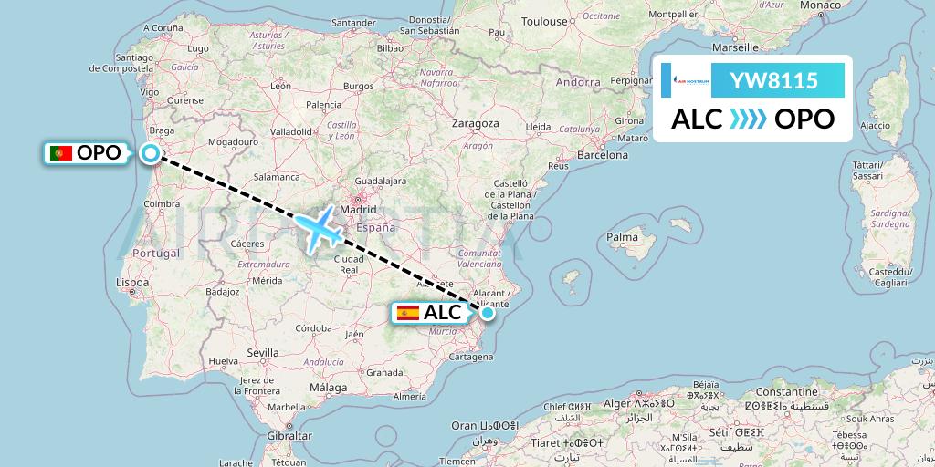 YW8115 Air Nostrum Flight Map: Alicante to Porto