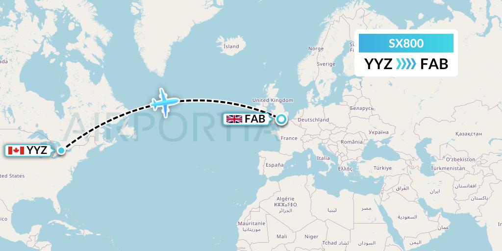 SX800 Flygta Airlines Flight Map: Toronto to Farnborough