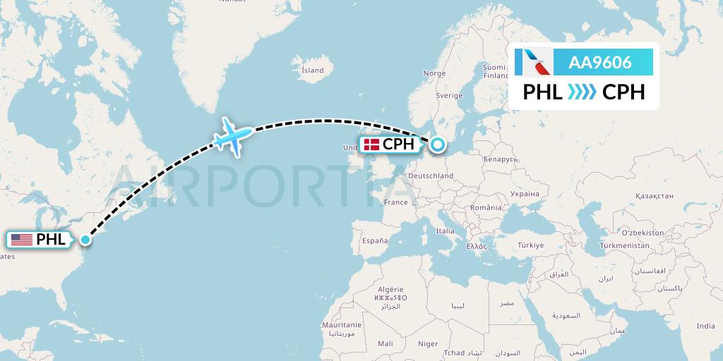 AA9606 American Airlines Flight Map: Philadelphia to Copenhagen