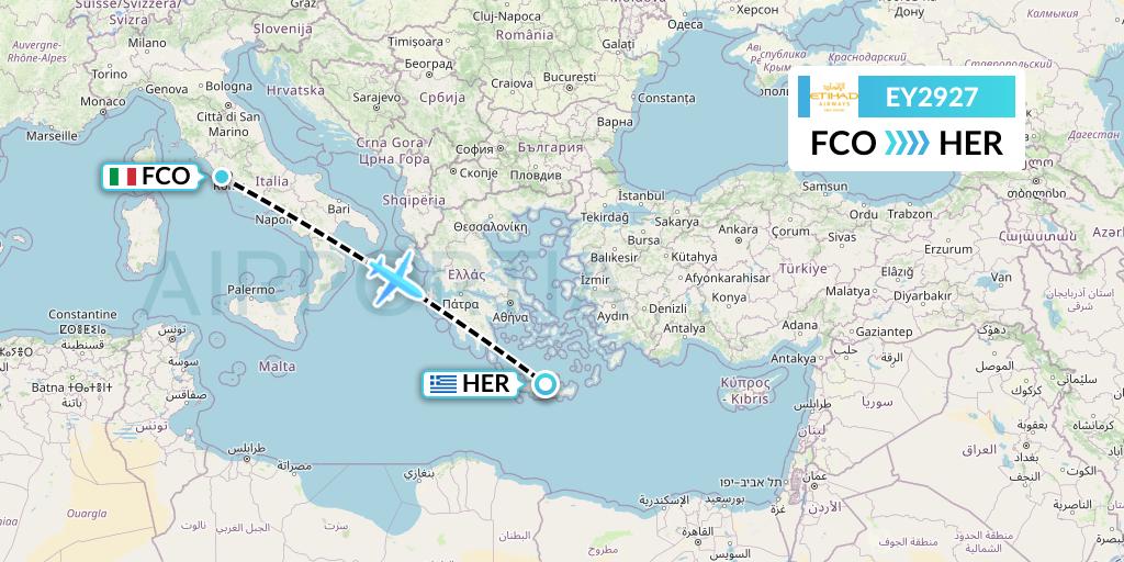 EY2927 Etihad Airways Flight Map: Rome to Heraklion