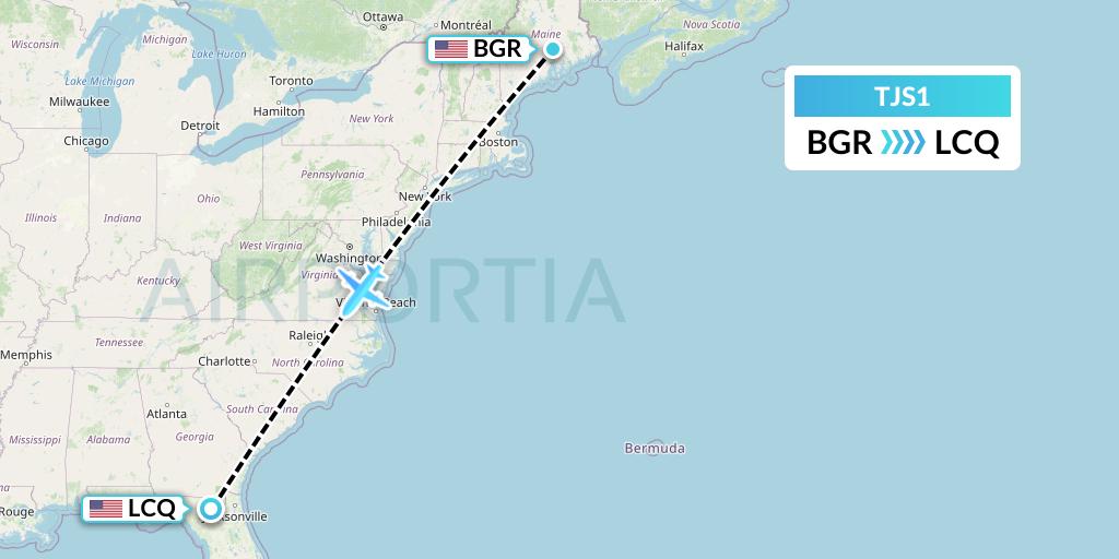 TJS1 Tyrolean Jet Service Flight Map: Bangor to Lake City