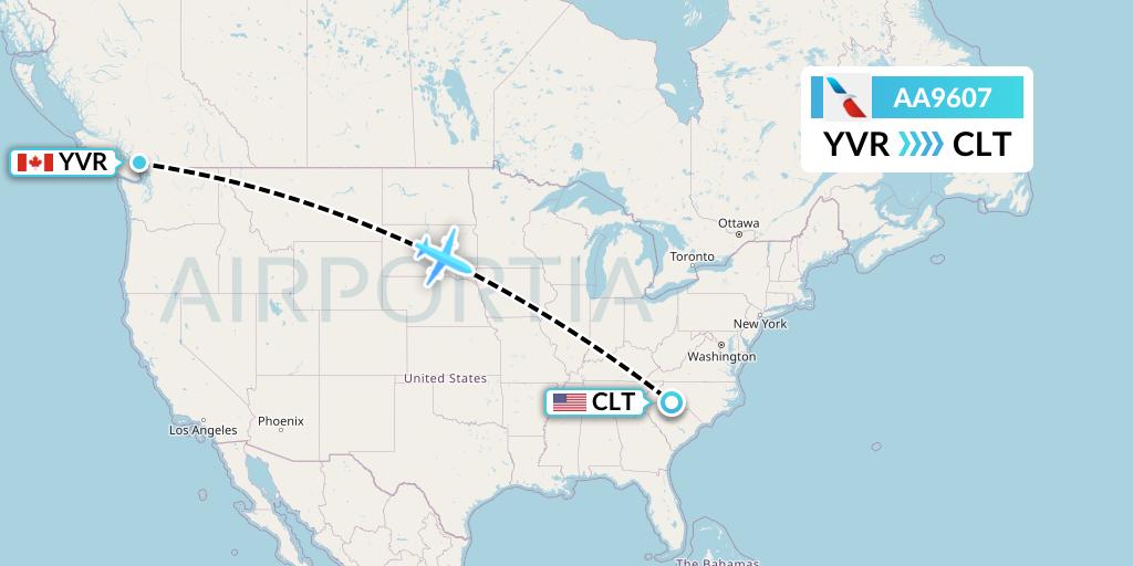 AA9607 American Airlines Flight Map: Vancouver to Charlotte