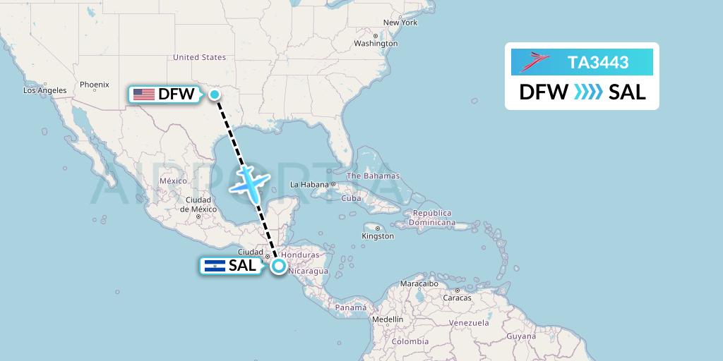 TA3443 TACA Airlines Flight Map: Dallas to San Salvador
