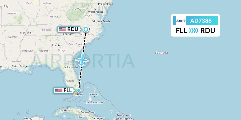 AD7388 Azul Brazilian Airlines Flight Map: Fort Lauderdale to Raleigh-Durham