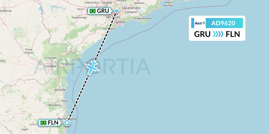 AD9620 Azul Brazilian Airlines Flight Map: Sao Paulo to Florianopolis