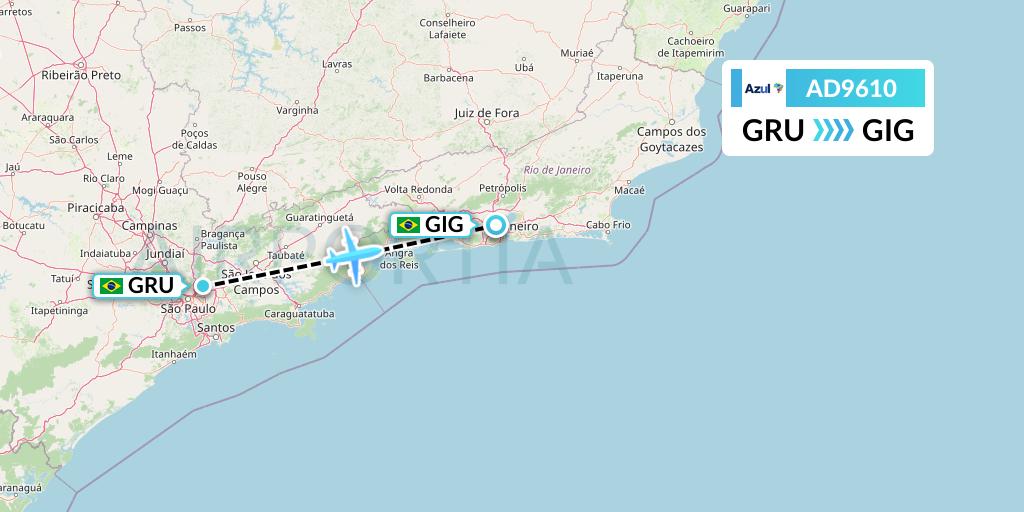 AD9610 Azul Brazilian Airlines Flight Map: Sao Paulo to Rio de Janeiro