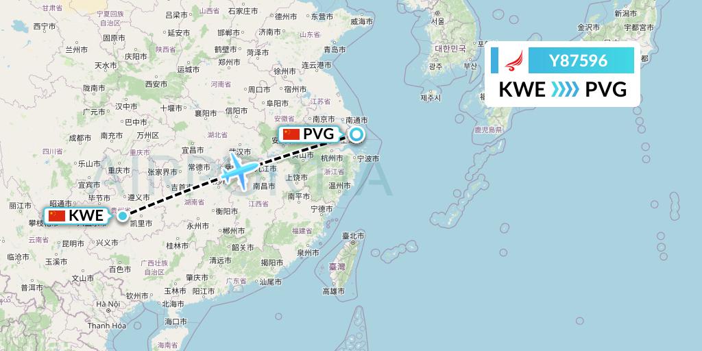 Y87596 Yangtze River Express Flight Map: Guiyang to Shanghai