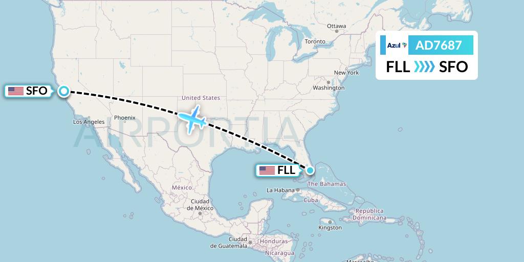 AD7687 Azul Brazilian Airlines Flight Map: Fort Lauderdale to San Francisco