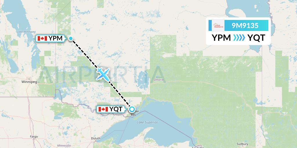 9M9135 Central Mountain Air Flight Map: Pikangikum to Thunder Bay