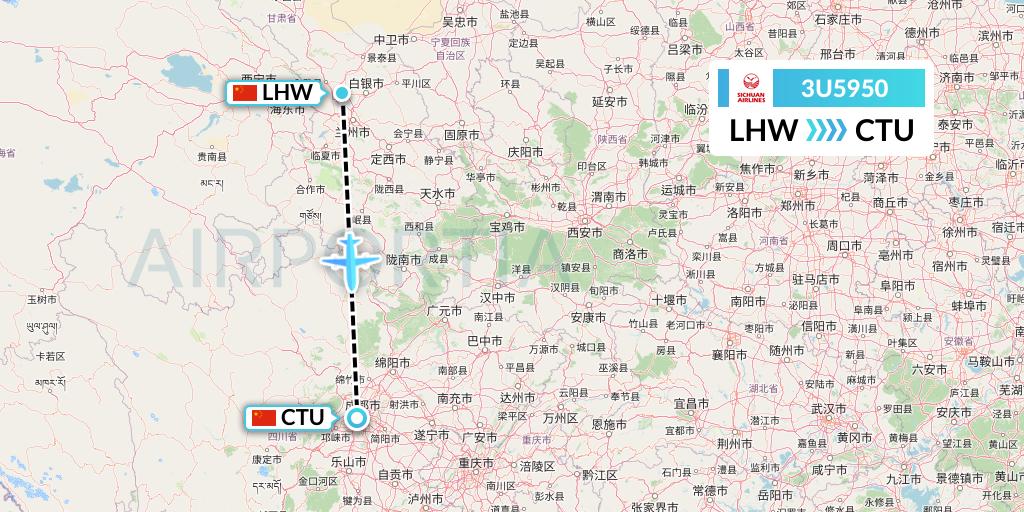 3U5950 Sichuan Airlines Flight Map: Lanzhou to Chengdu