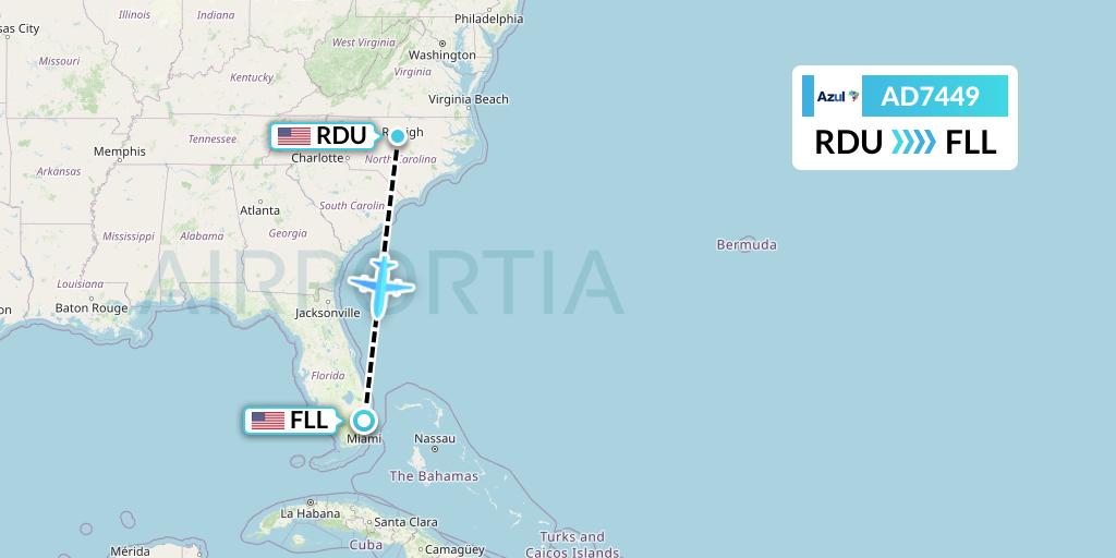 AD7449 Azul Brazilian Airlines Flight Map: Raleigh-Durham to Fort Lauderdale