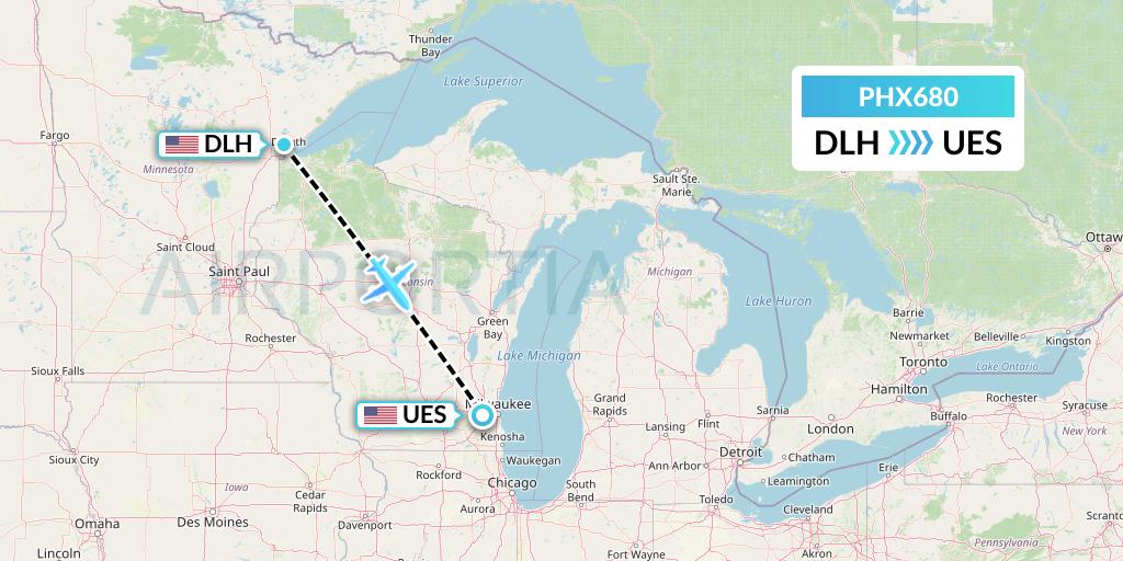 PHX680 SkyCare Flight Map: Duluth to Waukesha